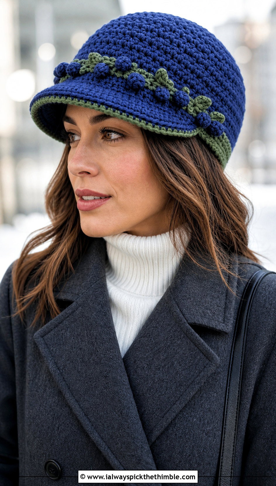 Brimmed Blueberry Crochet Beanie With Peacoat And Wide Leg Trousers - 25 blueberry crochet hat outfit ideas