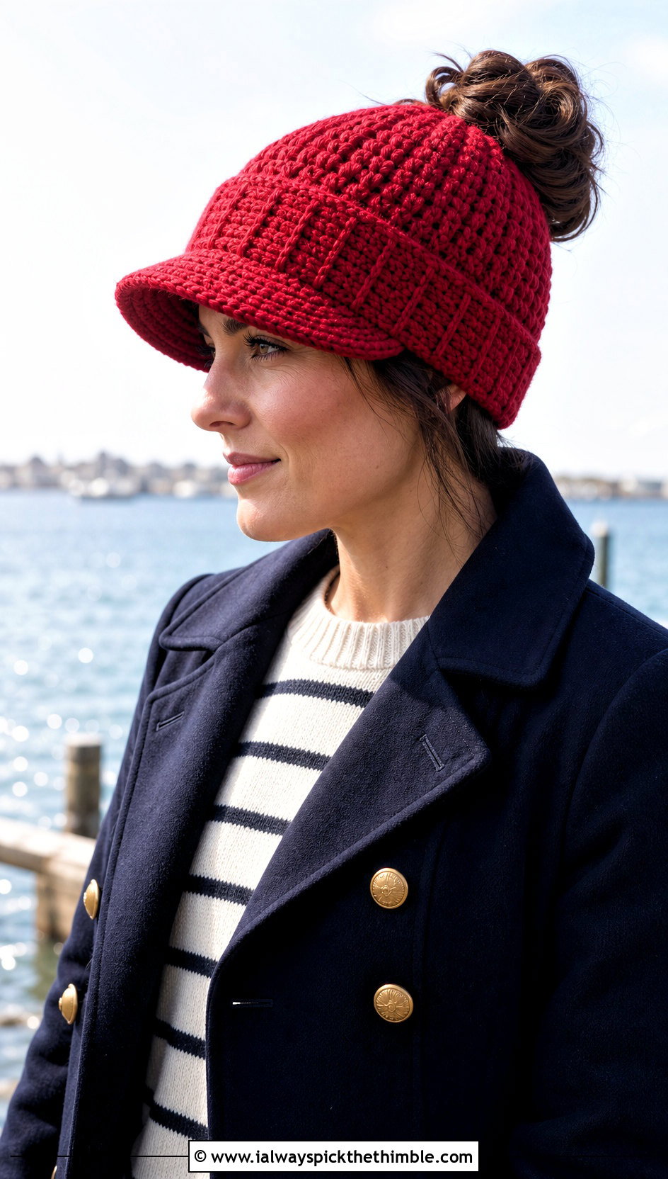 Brimmed Bun Crochet Beanie With Peacoat And Wide Leg Jeans - 20 Bun Crochet Beanie outfit ideas