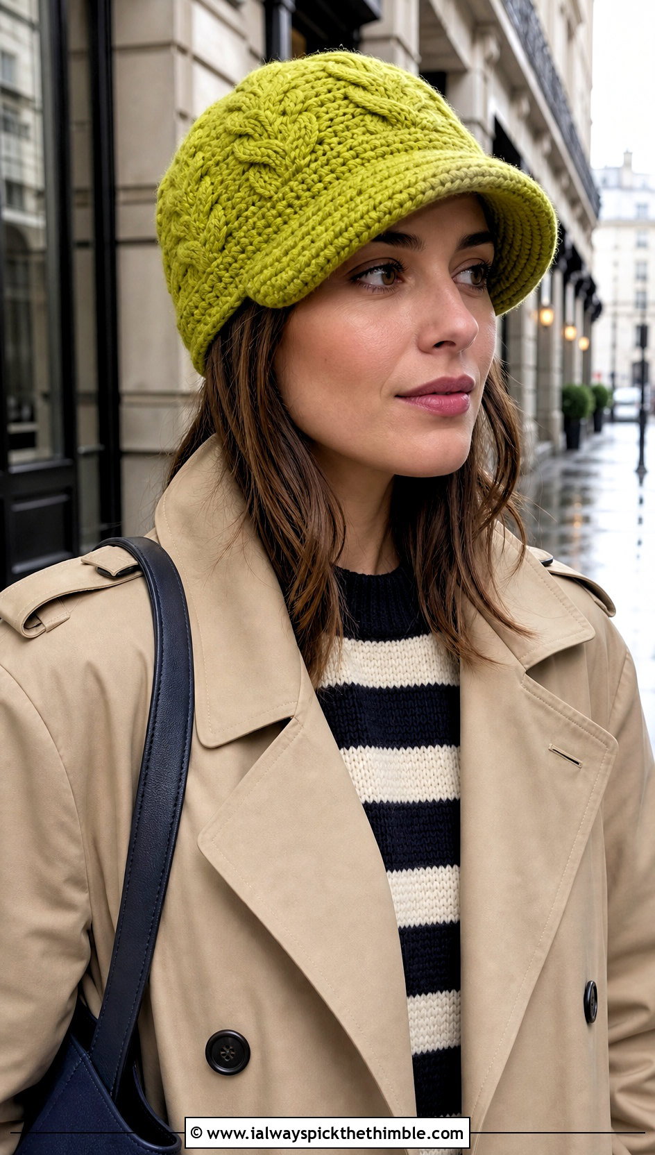 Brimmed Cable Crochet Beanie With Trench Coat - 20 Cable Crochet Hat outfit ideas