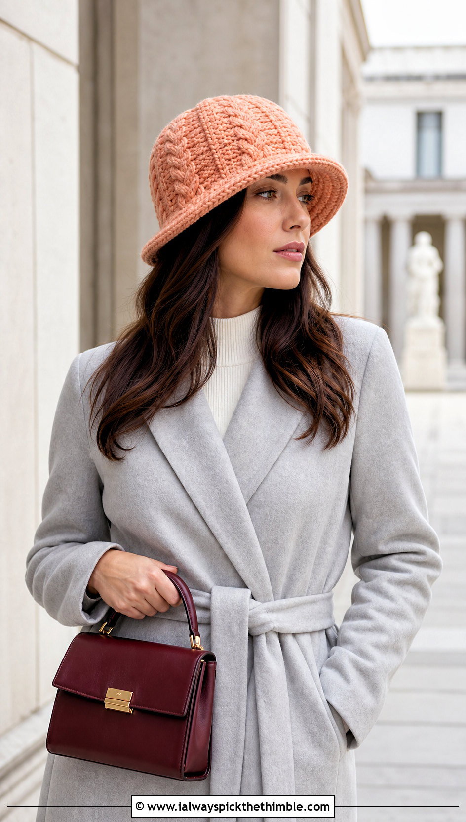 Brimmed Cable Crochet Hat With Wool Coat - 20 Cable Knit Crochet Hat outfit ideas
