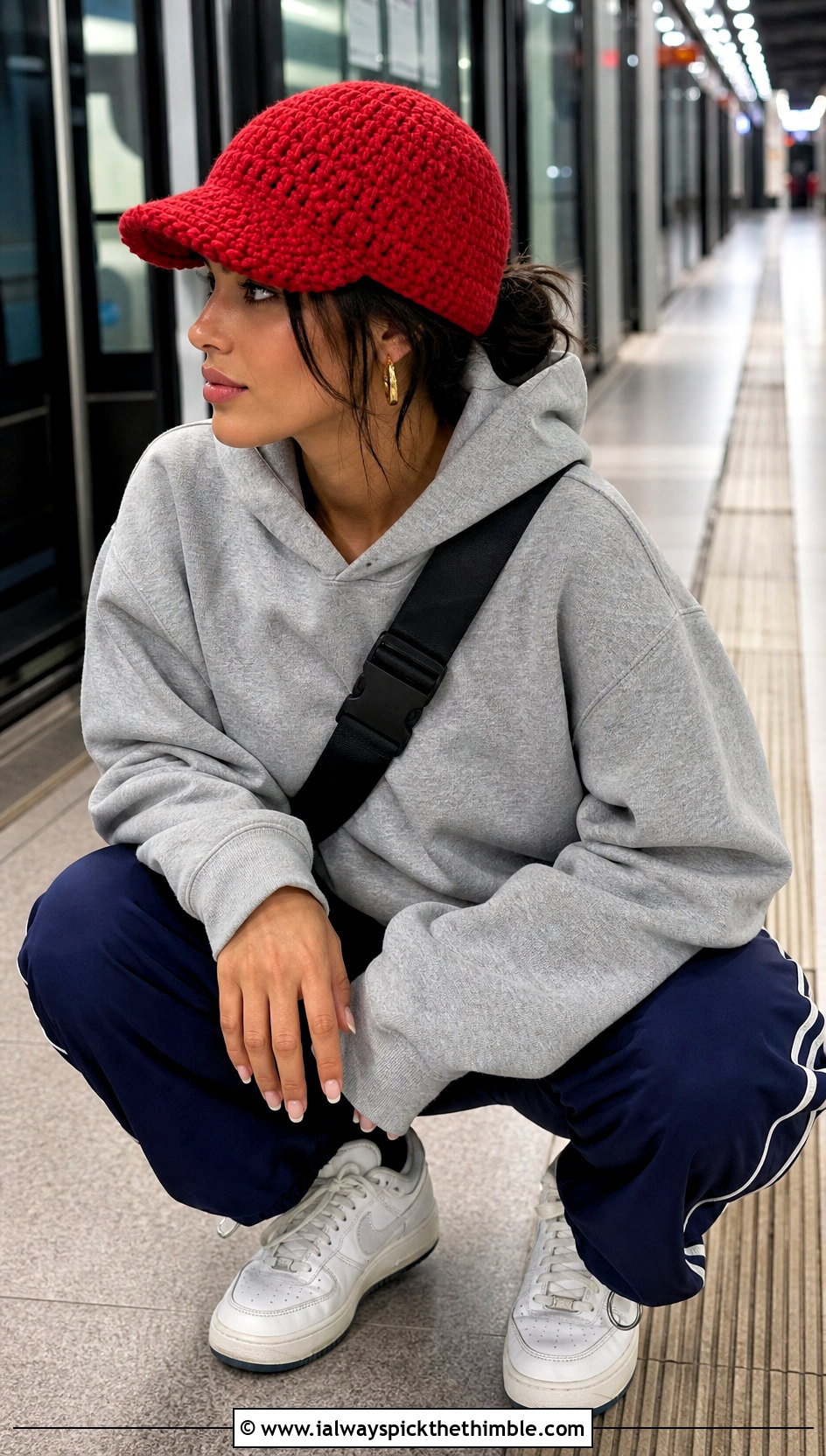 Brimmed Chunky Crochet Cap With Hoodie And Track Pants - 20 Easy Chunky Crochet Hat outfit ideas