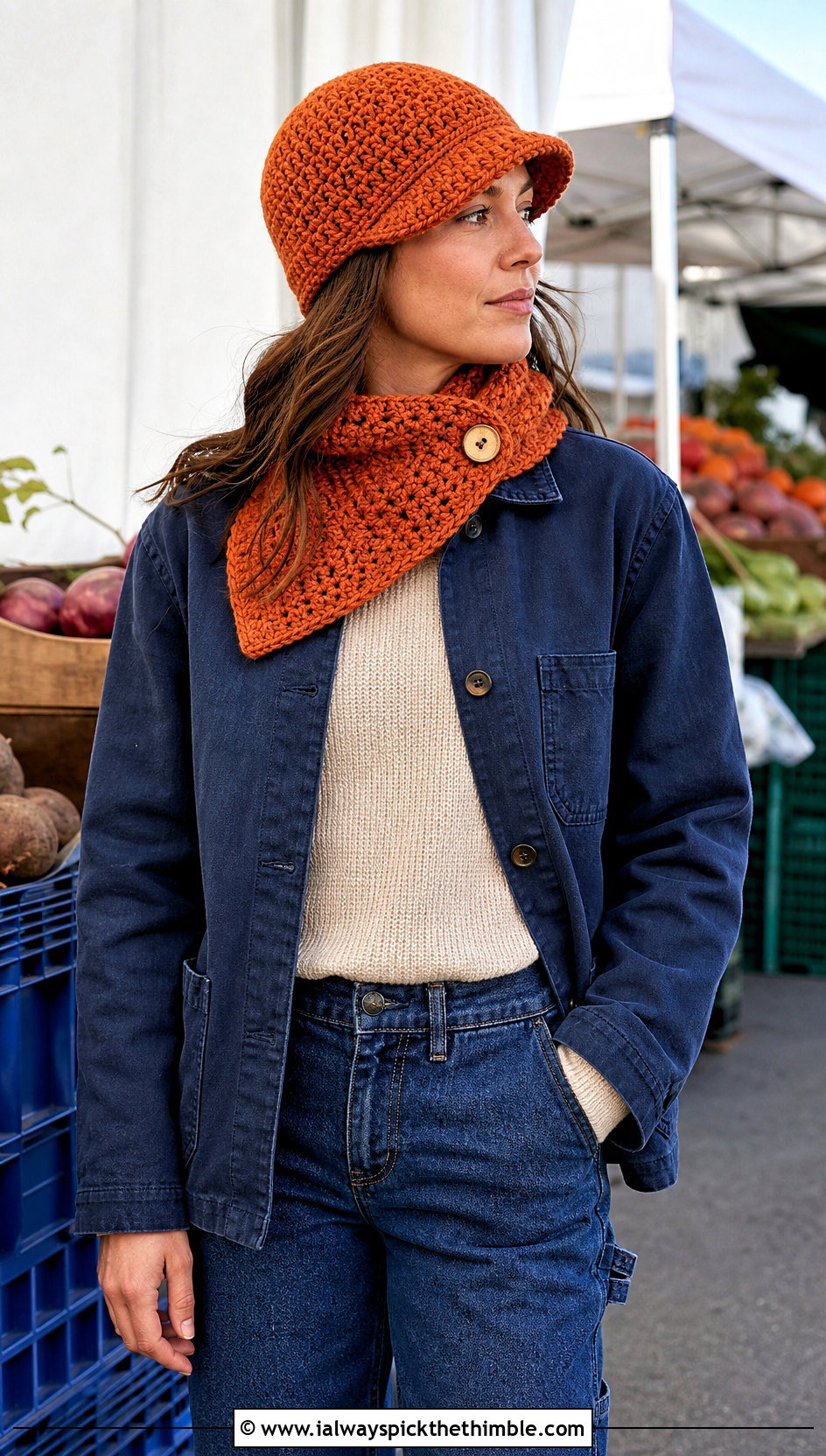 Brimmed Crochet Beanie And Button Scarf With Chore Jacket - 20 crochet scarf hat combo outfit ideas
