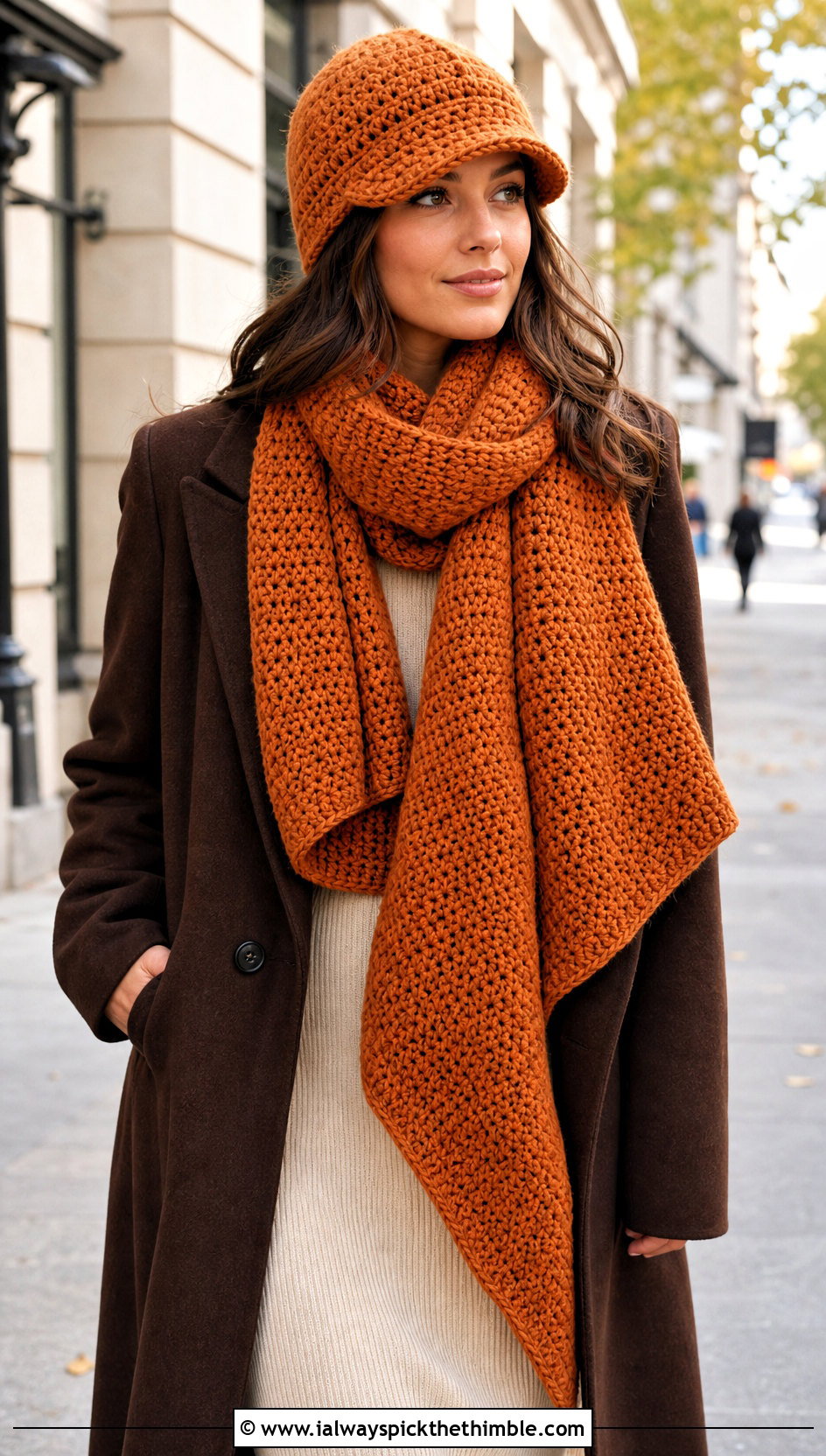 Brimmed Crochet Beanie And Wrap Scarf With Sweater Dress - 25 crochet hat and scarf set outfit ideas