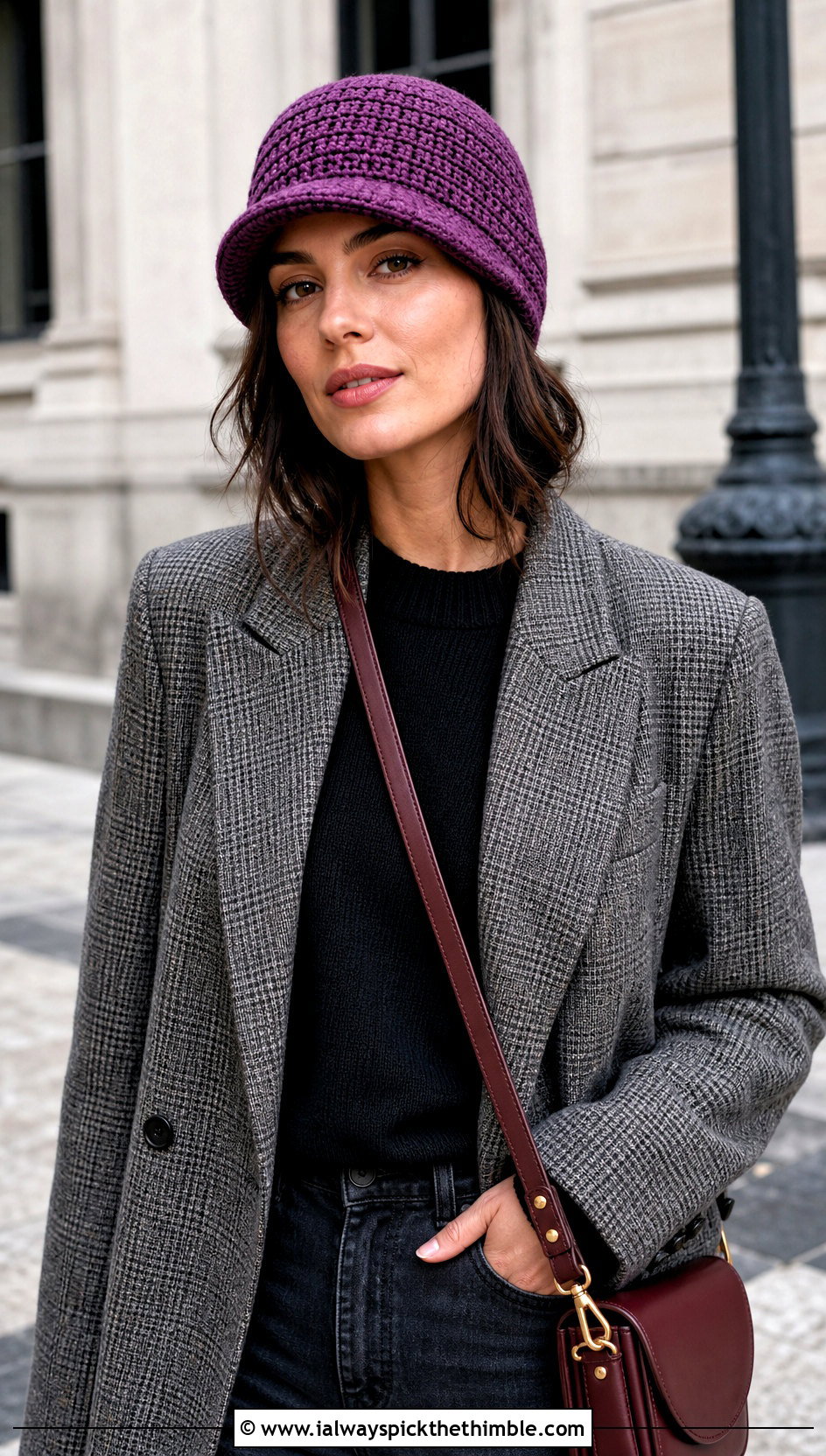 Brimmed Crochet Beanie With Blazer And Straight Jeans - 20 easy crochet winter hat outfit ideas