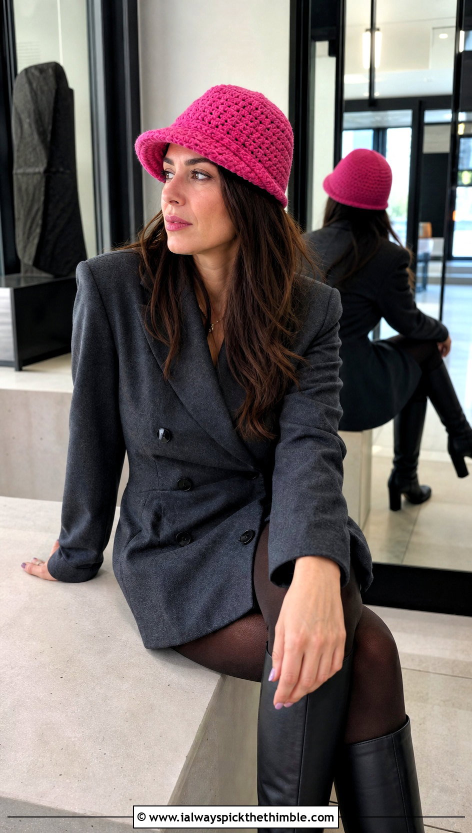 Brimmed Crochet Beanie With Blazer Dress And Knee High Boots - 25 aesthetic crochet beanie outfit ideas