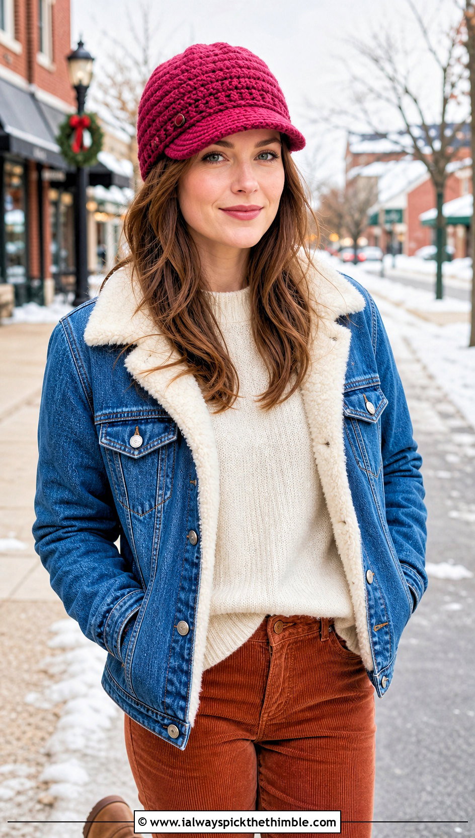 Brimmed Crochet Beanie With Denim Jacket And Corduroy Pants - 20 winter crochet hat for women outfit ideas