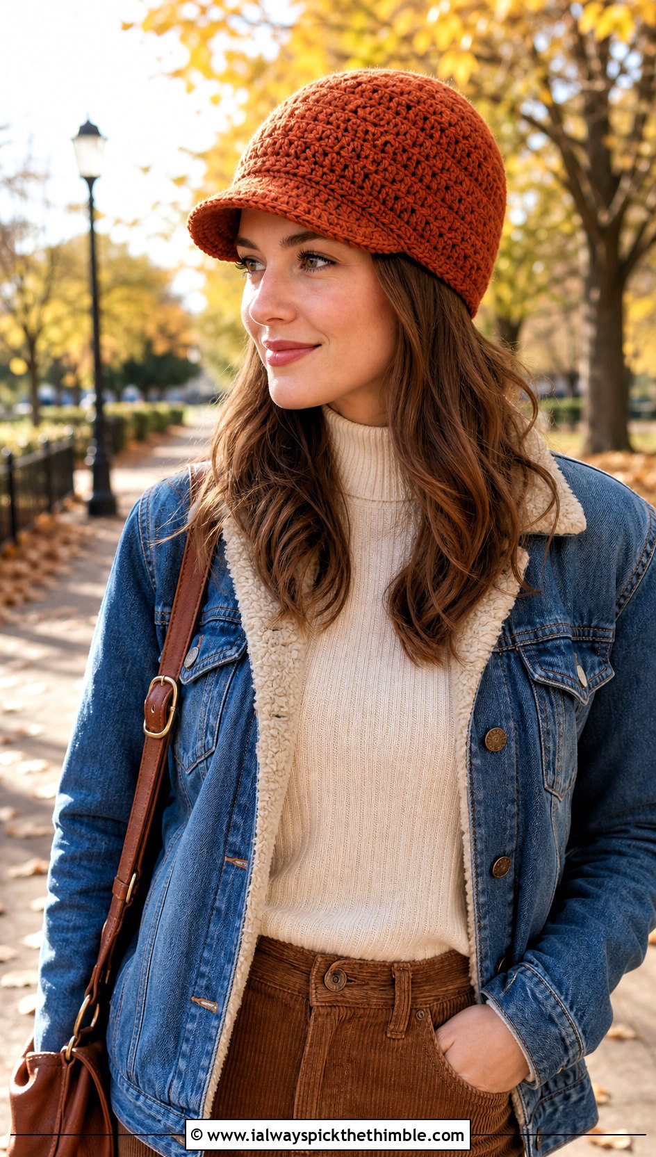 Brimmed Crochet Beanie With Denim Jacket And Corduroy Pants - 20 crochet women's hat outfit ideas