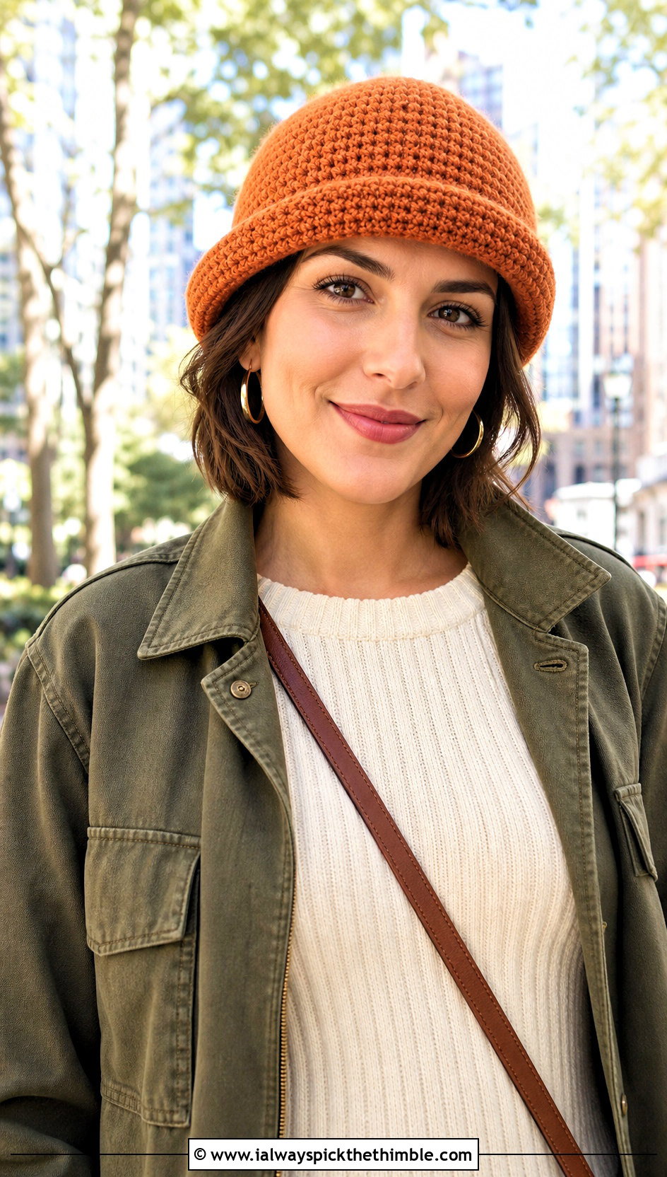 Brimmed Crochet Beanie With Field Jacket And Column Dress - 15 crochet beany hat outfit ideas