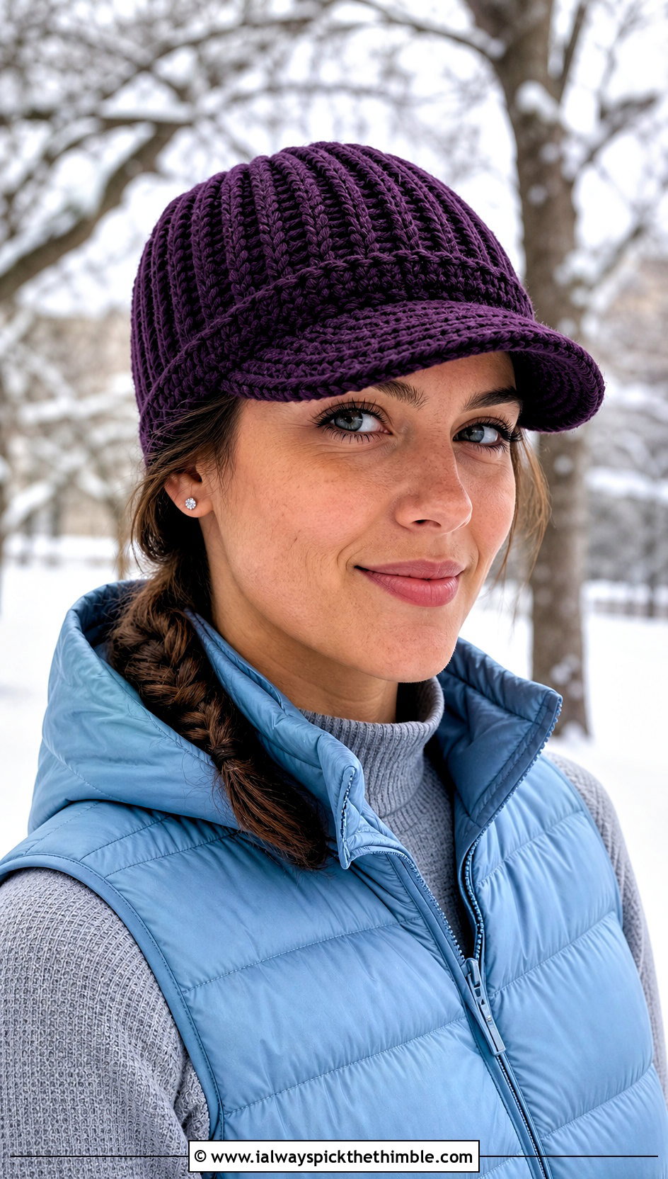 Brimmed Crochet Beanie With Puffer Vest - 20 Easy Crochet Hats With Brim outfit ideas
