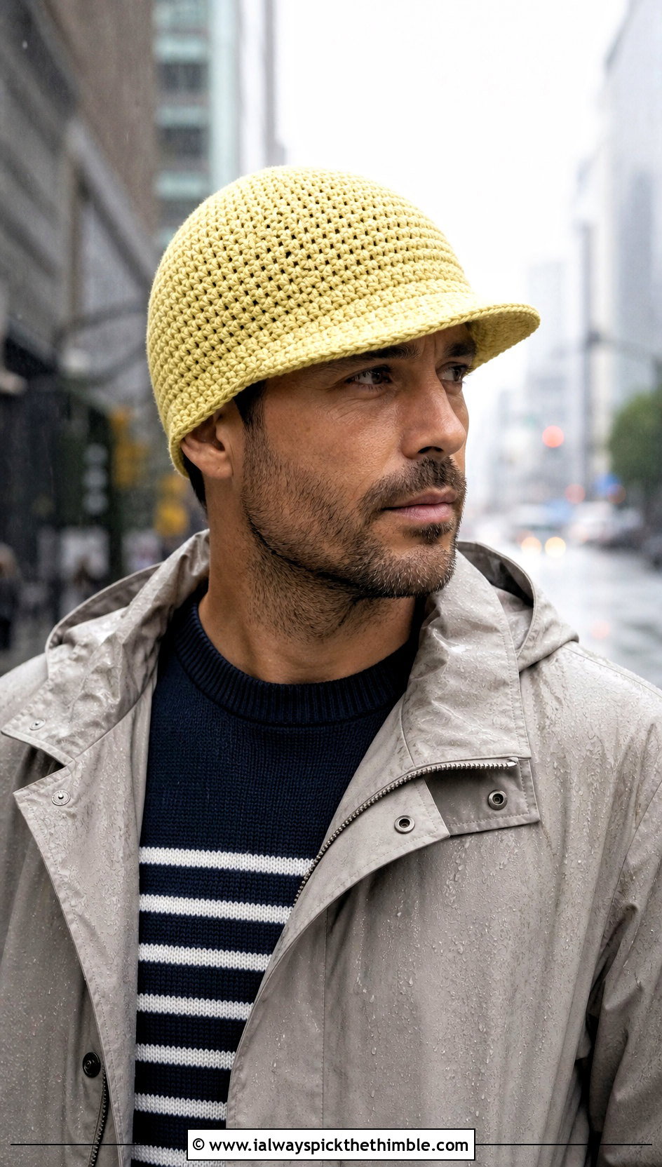 Brimmed Crochet Beanie With Raincoat - 25 men's crochet beanie outfit ideas