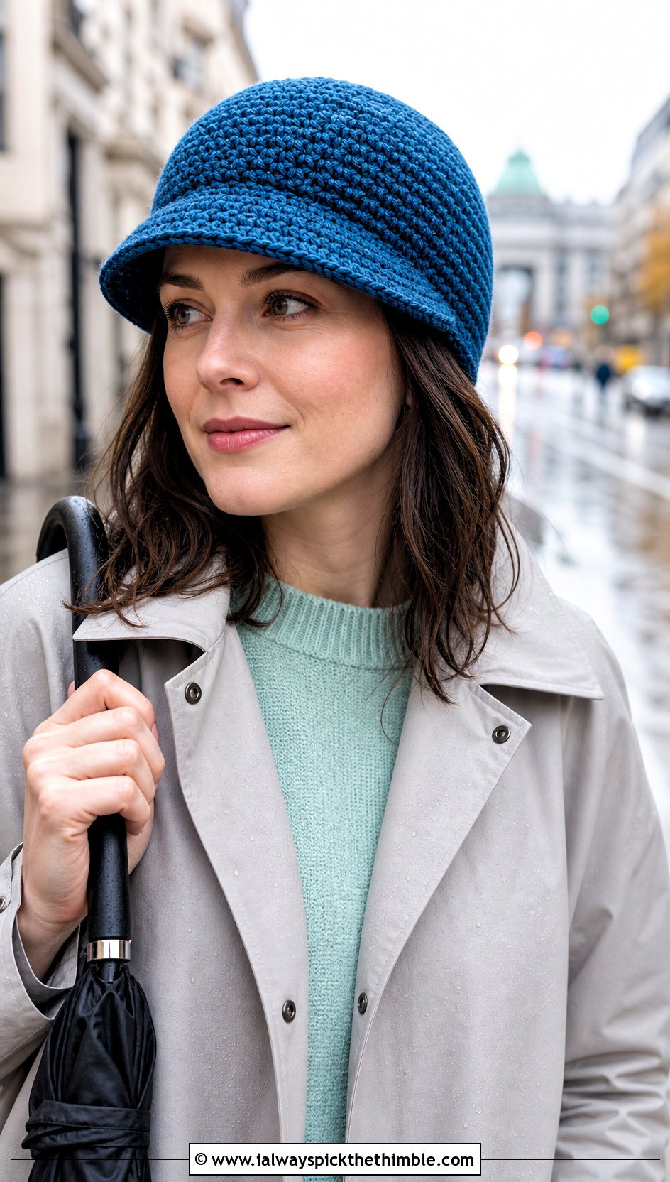 Brimmed Crochet Beanie With Raincoat - 25 cute crochet beanies outfit ideas