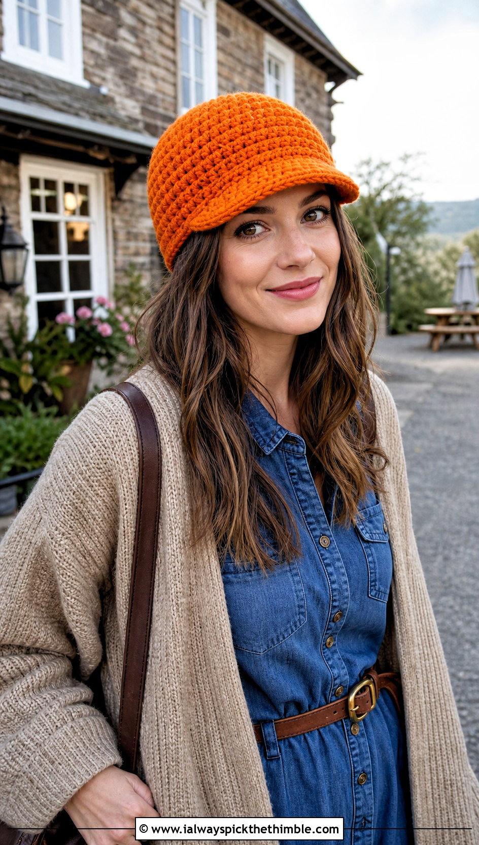 Brimmed Crochet Beanie With Shirt Dress And Riding Boots - 20 country cottage crochet beanie outfit ideas