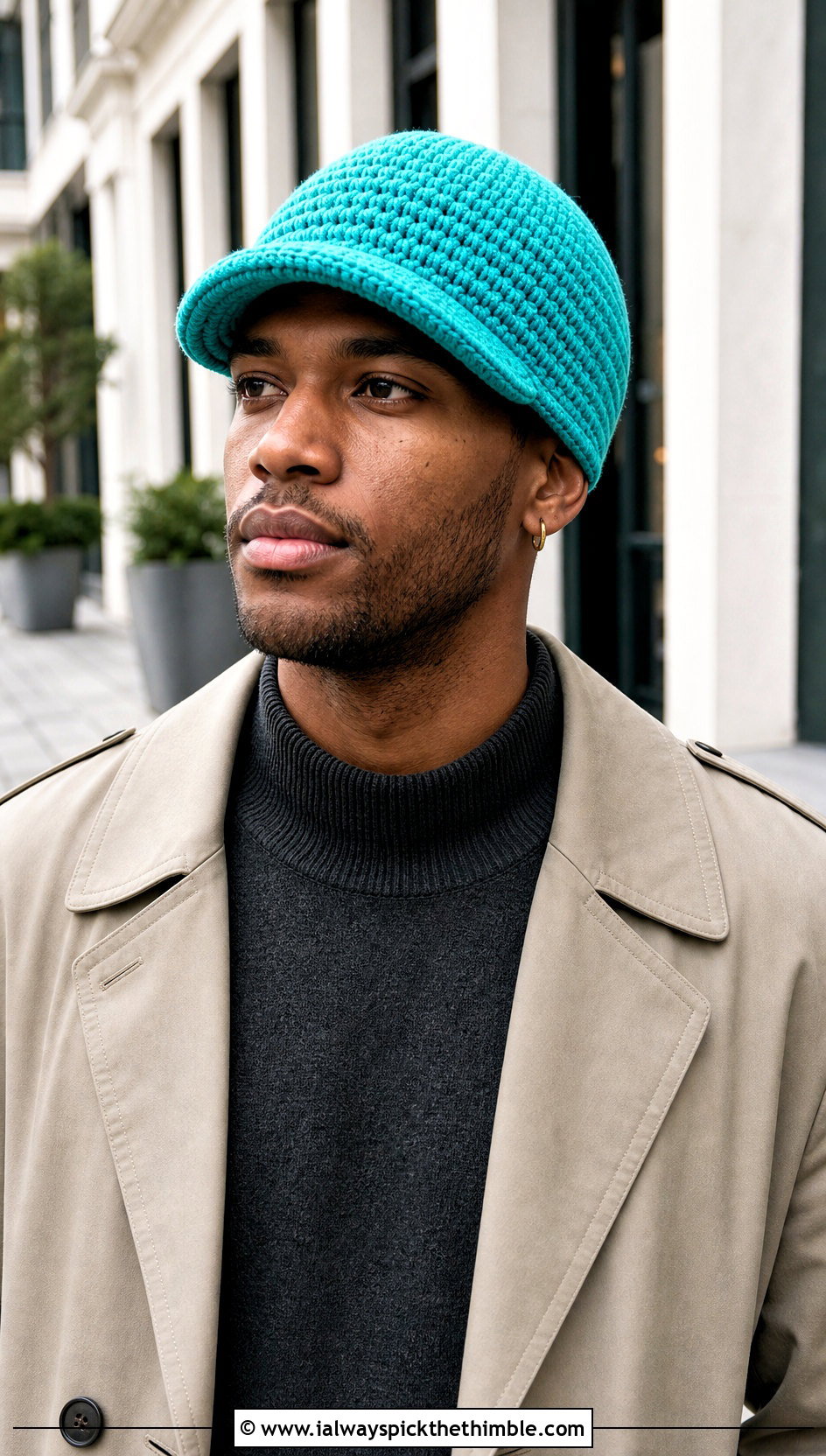 Brimmed Crochet Beanie With Trench Coat - 20 mens winter crochet hats outfit ideas