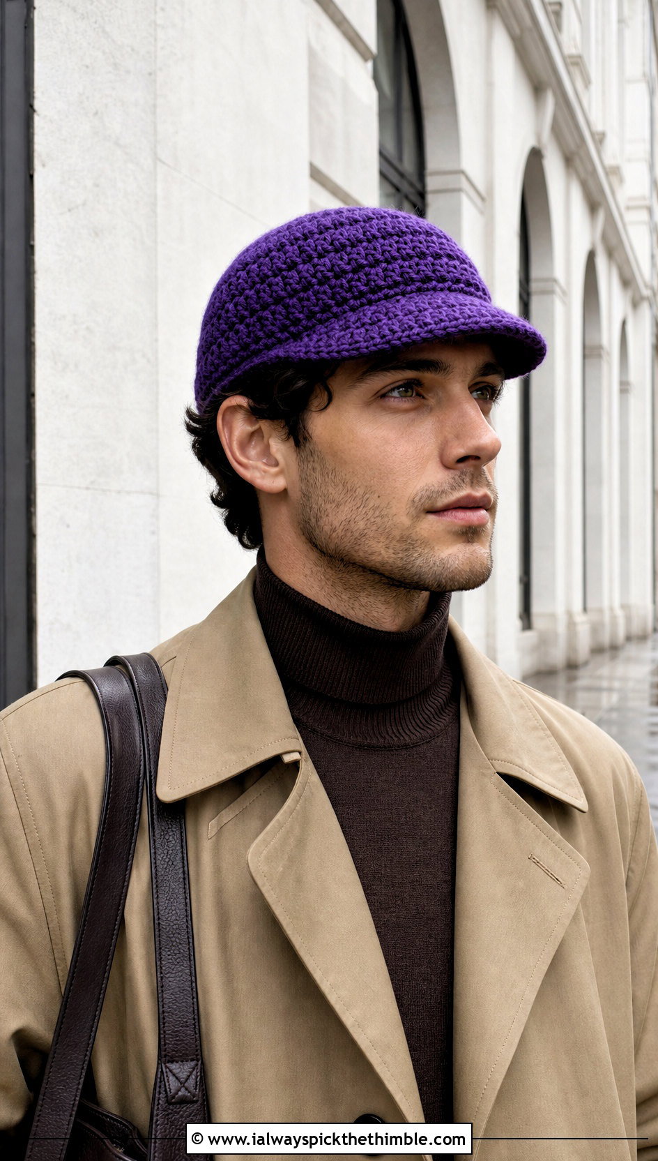 Brimmed Crochet Beanie With Trench Coat - 25 mens crochet beanie outfit ideas