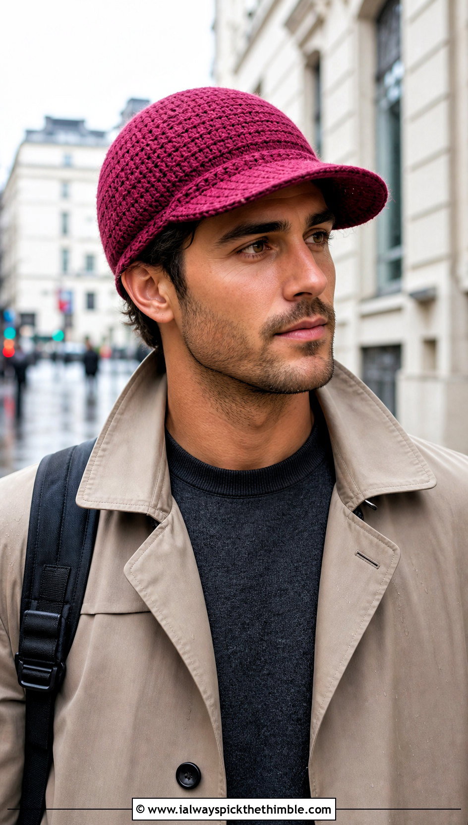 Brimmed Crochet Beanie With Trench Coat And Sneakers - 25 crochet hat for men outfit ideas
