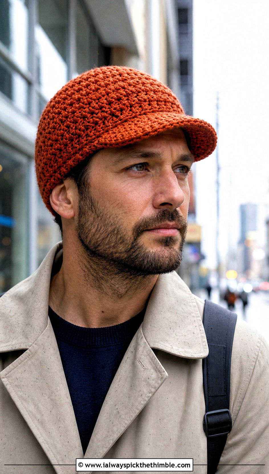 Brimmed Crochet Beanie With Trench Coat - 20 Easy Mens Crochet Beanie outfit ideas