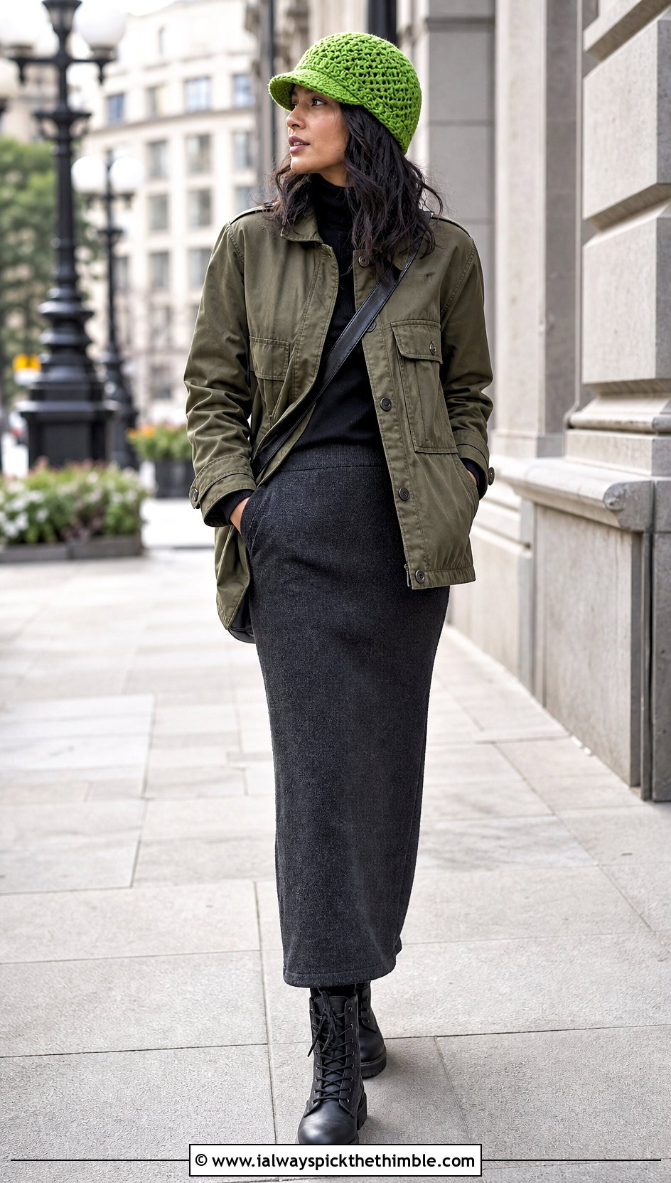 Brimmed Crochet Beanie With Utility Jacket And Column Skirt - 20 easy crochet beanies outfit ideas