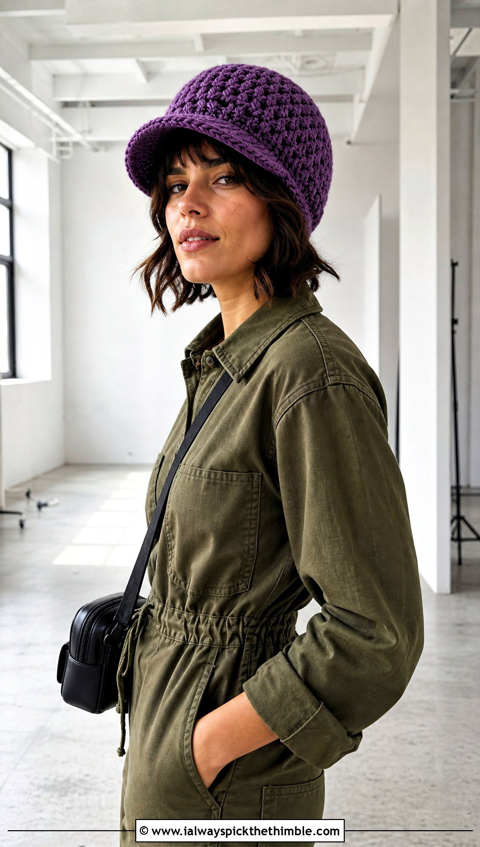 Brimmed Crochet Beanie With Utility Jumpsuit And Sneakers - 15 Crochet Beanie All Sizes outfit ideas