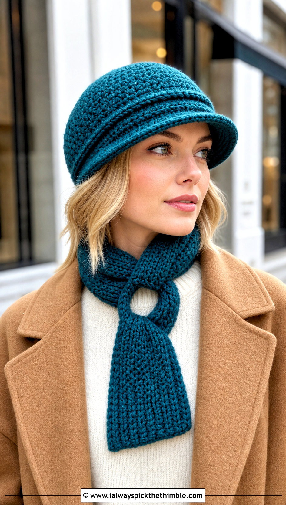 Brimmed Crochet Cap Scarf With Wool Coat - 20 Crochet Cap Scarf outfit ideas