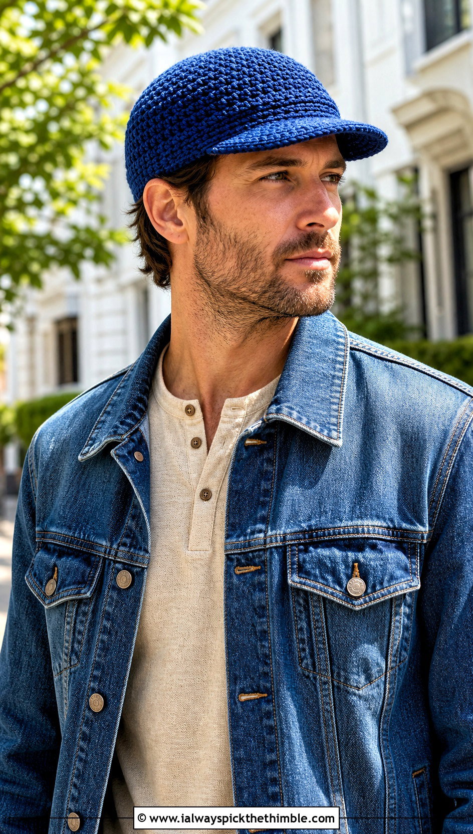 Brimmed Crochet Cap With Denim Jacket - 25 crochet cap for men outfit ideas