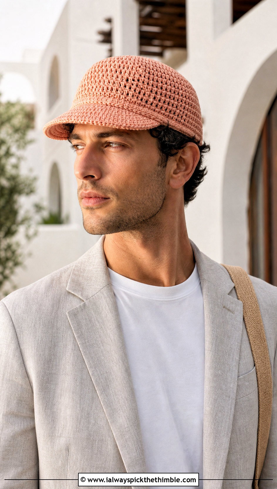 Brimmed Crochet Cap With Linen Suit - 25 crochet hats for men outfit ideas