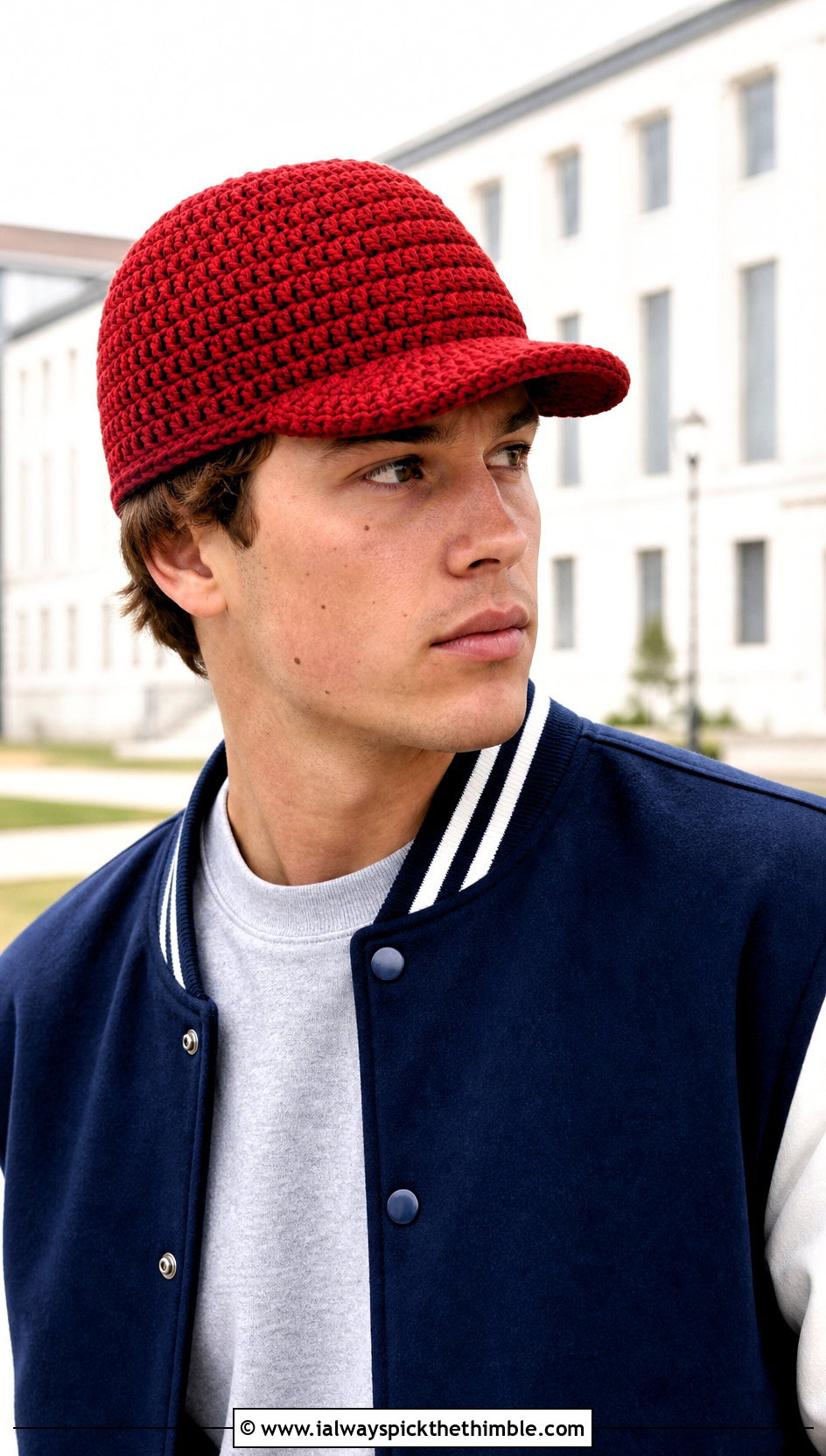 Brimmed Crochet Cap With Varsity Jacket - 25 crochet hat men outfit ideas