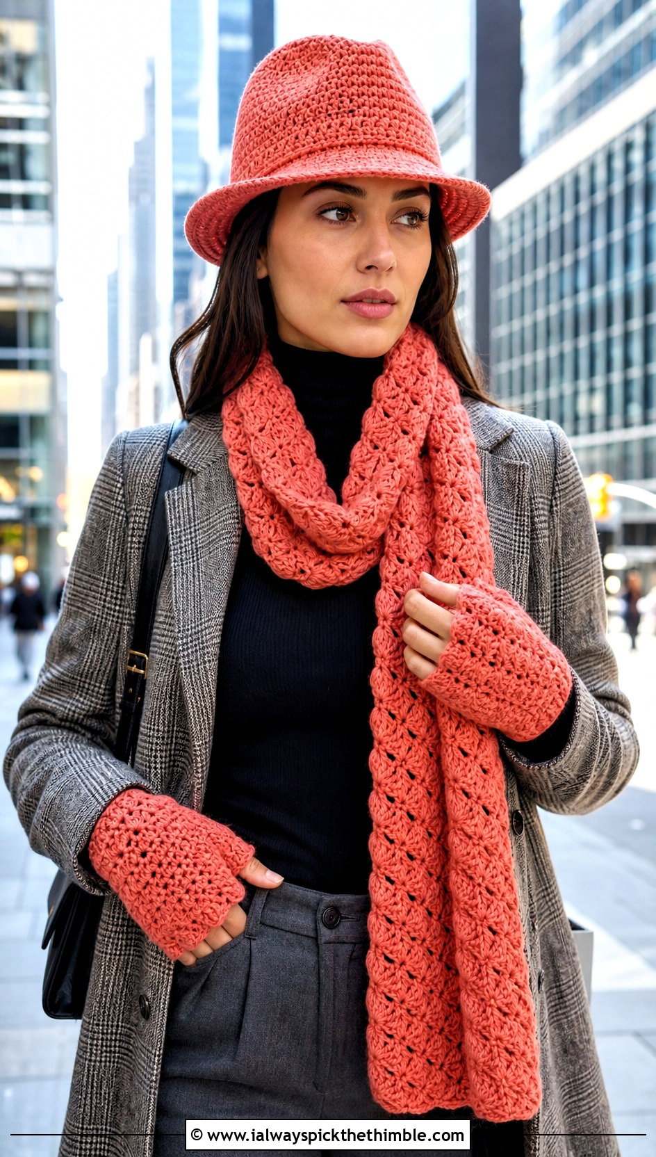 Brimmed Crochet Fedora Shell Scarf And Fingerless Gloves With Plaid Coat - 20 crochet hat scarf gloves set outfit ideas