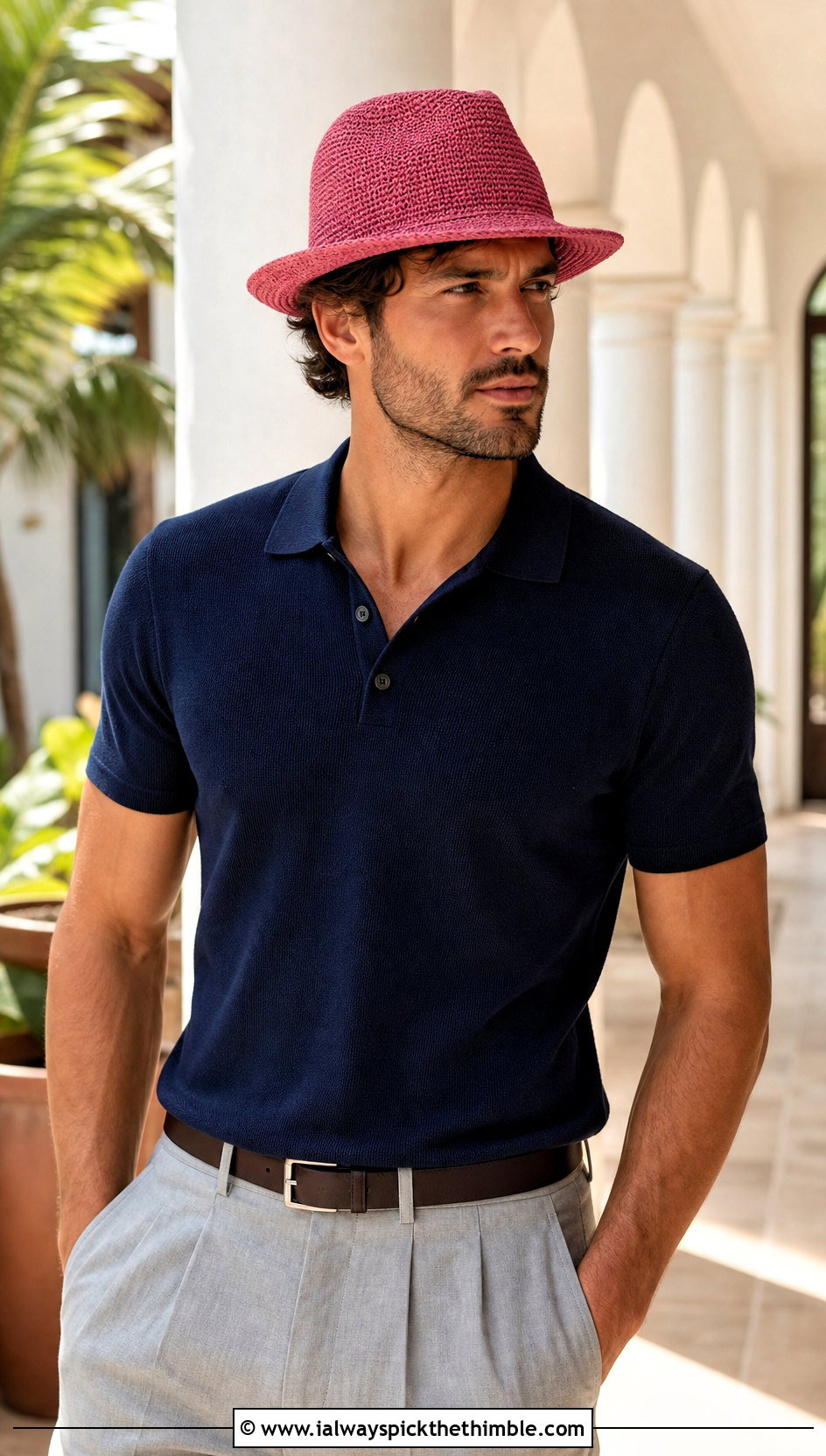 Brimmed Crochet Fedora With Knit Polo And Relaxed Trousers - 20 men's crochet hats outfit ideas