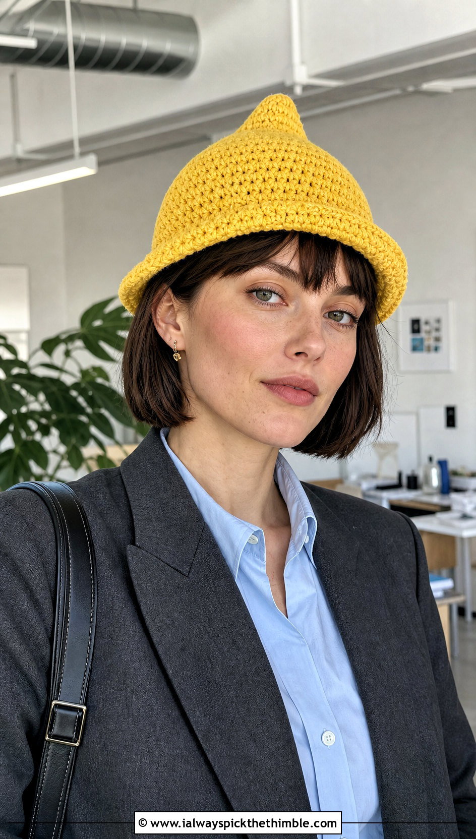 Brimmed Crochet Gnome Cap With Tailored Blazer - 25 crochet gnome hat outfit ideas