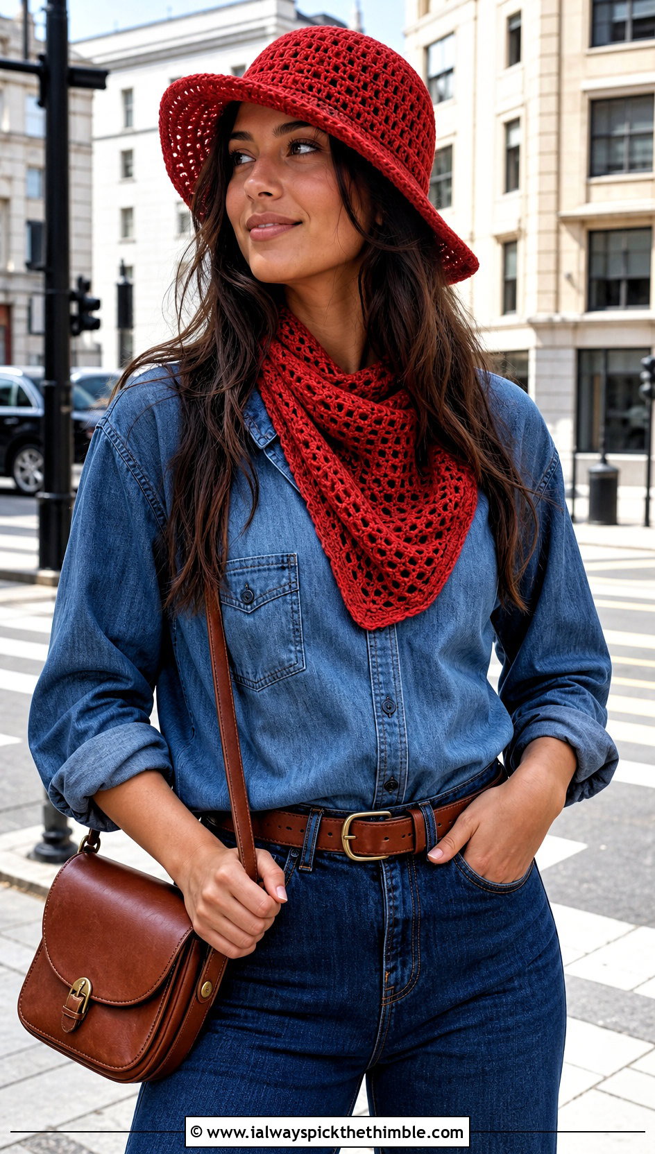 Brimmed Crochet Hat And Triangle Scarf With Double Denim - 15 Easy Crochet Hat And Scarf Set outfit ideas