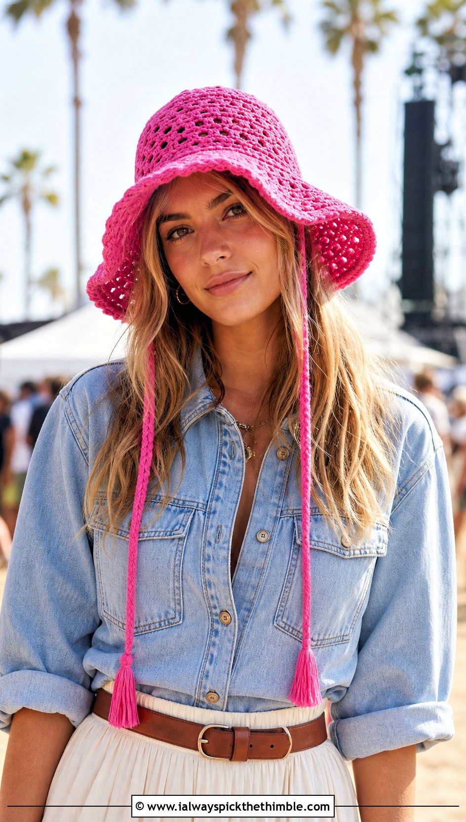 Brimmed Crochet Hat With Braids And Denim Shirt - 20 crochet hat with braids outfit ideas