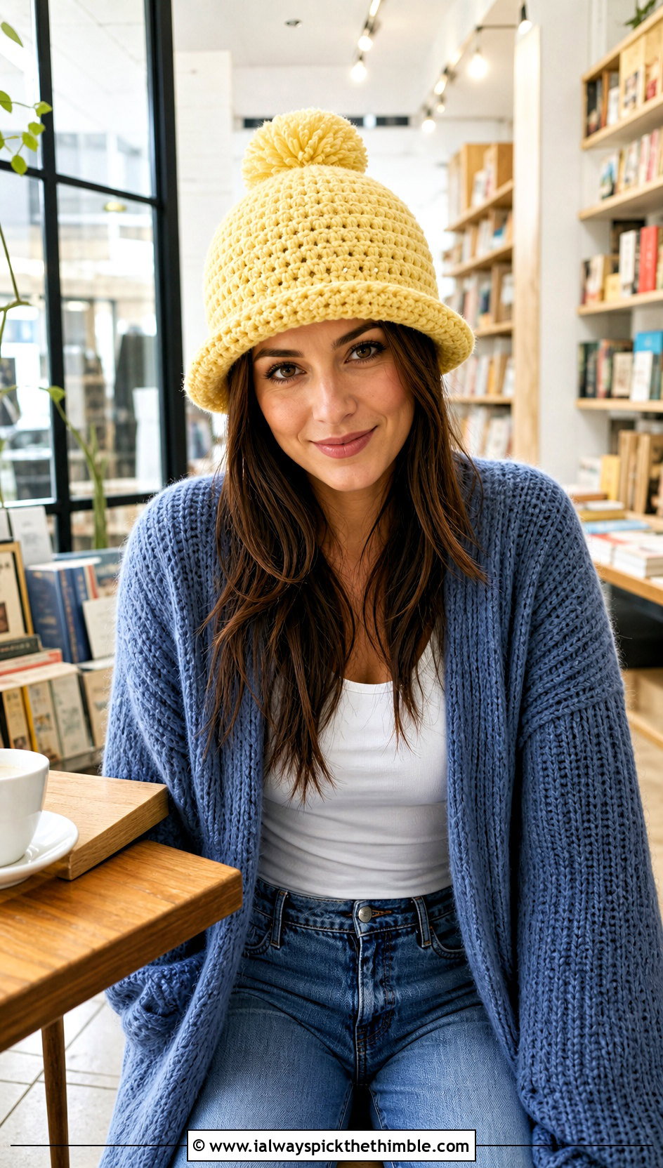 Brimmed Crochet Hat With Pom Pom And Long Cardigan - 20 crochet hat with pom pom outfit ideas