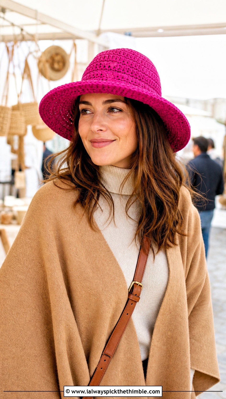 Brimmed Crochet Hat With Poncho And Flared Jeans - 25 crochet winter hats outfit ideas