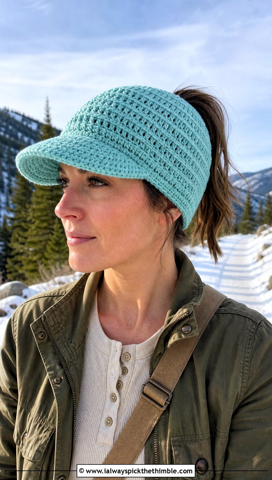 Brimmed Crochet Ponytail Beanie With Utility Jacket - 20 Crochet Ponytail Beanie outfit ideas