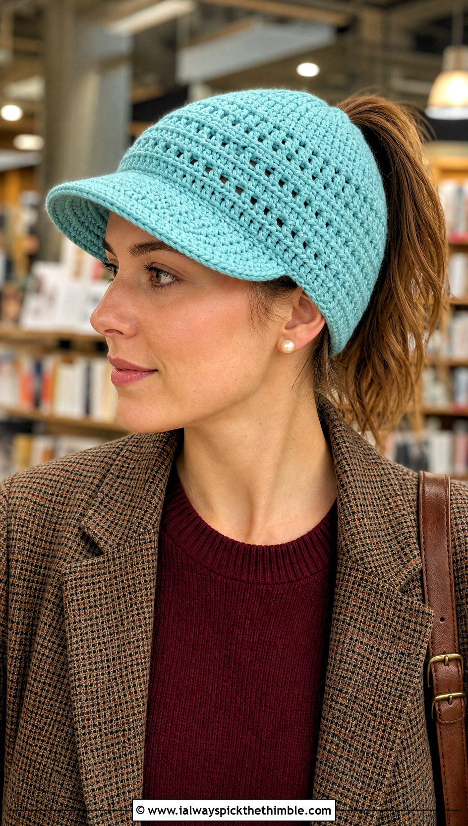 Brimmed Crochet Ponytail Hat With Plaid Blazer - 20 crochet hat with ponytail hole outfit ideas