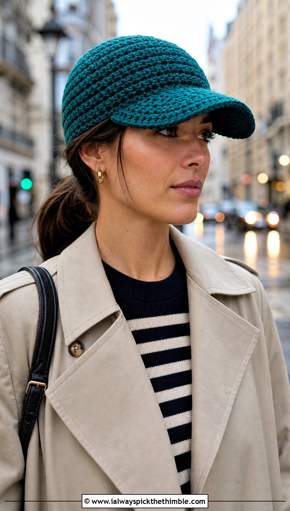 Brimmed Crochet Ponytail Hat With Trench Coat - 25 crochet ponytail hat outfit ideas