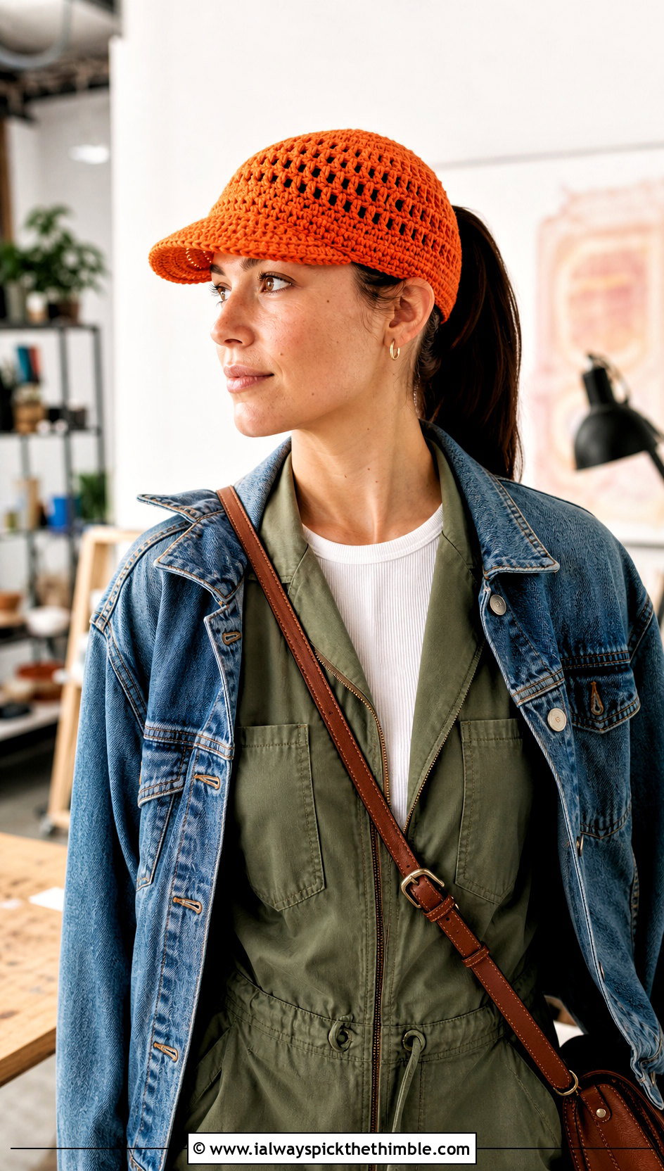 Brimmed Crochet Ponytail Hat With Utility Jumpsuit - 15 Crochet Bun Hats outfit ideas
