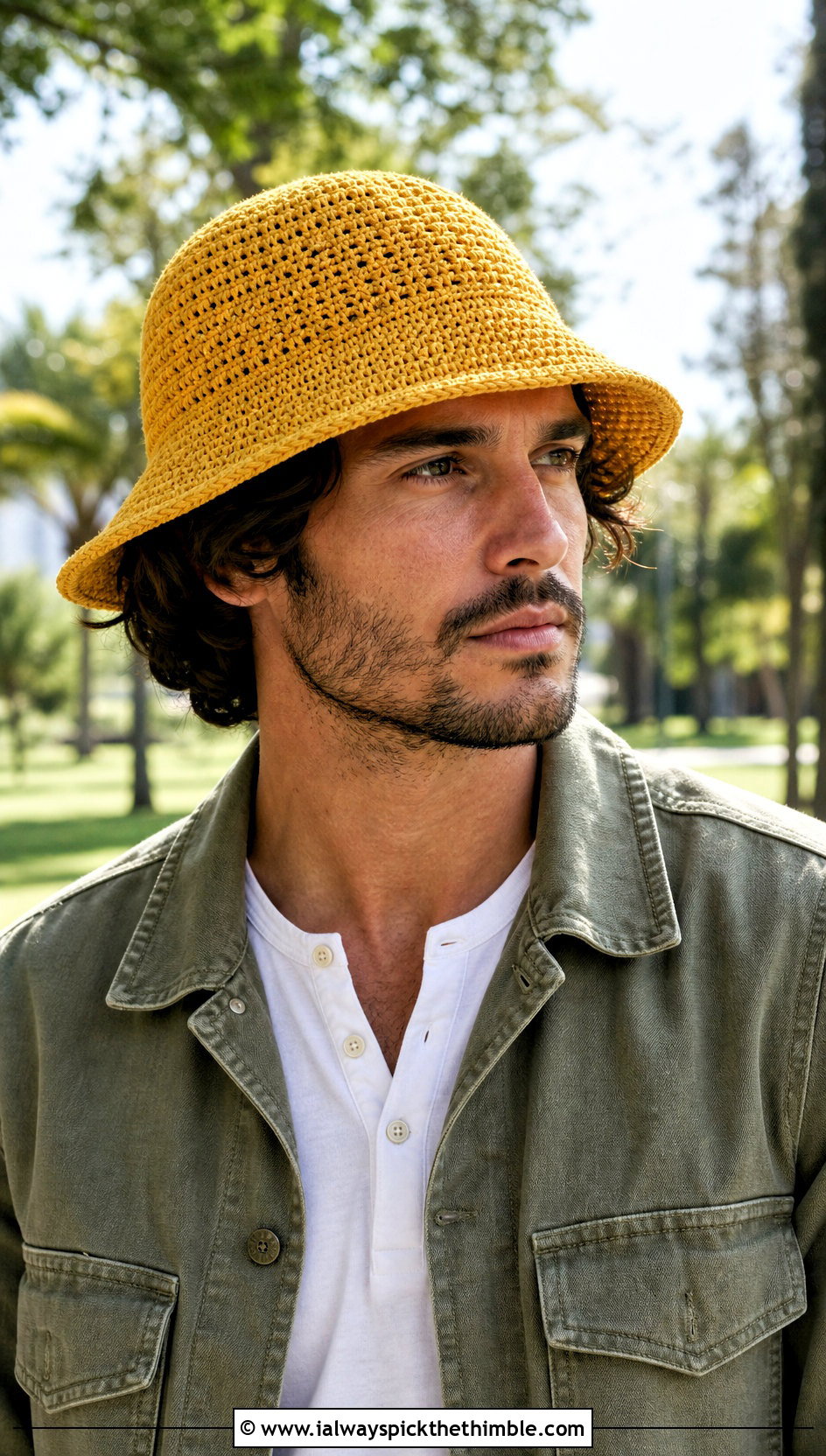 Brimmed Crochet Safari Hat With Field Jacket - 25 crochet hat men outfit ideas