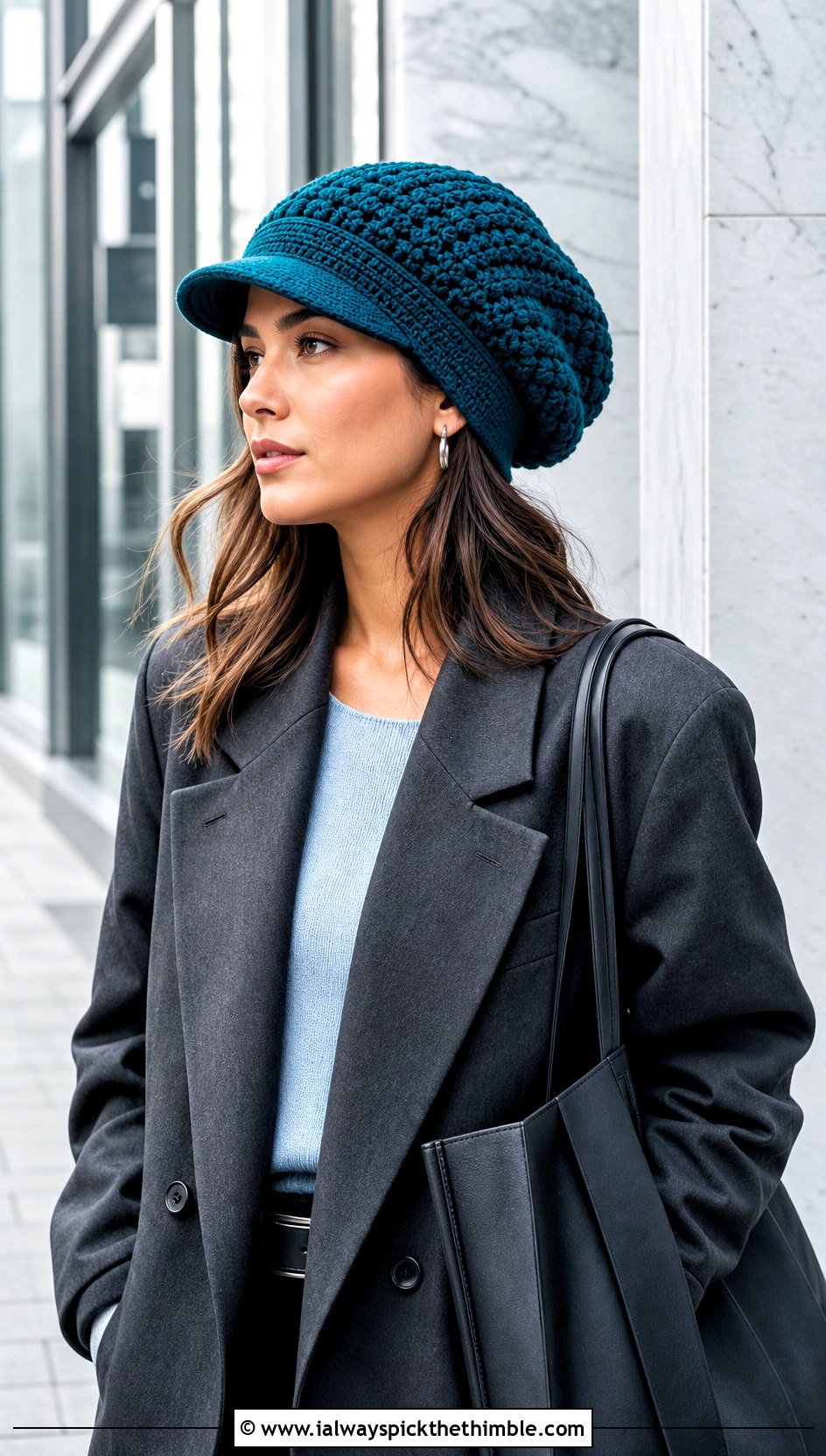 Brimmed Crochet Slouch Beanie With Blazer And Trousers - 25 crochet slouch beanie outfit ideas