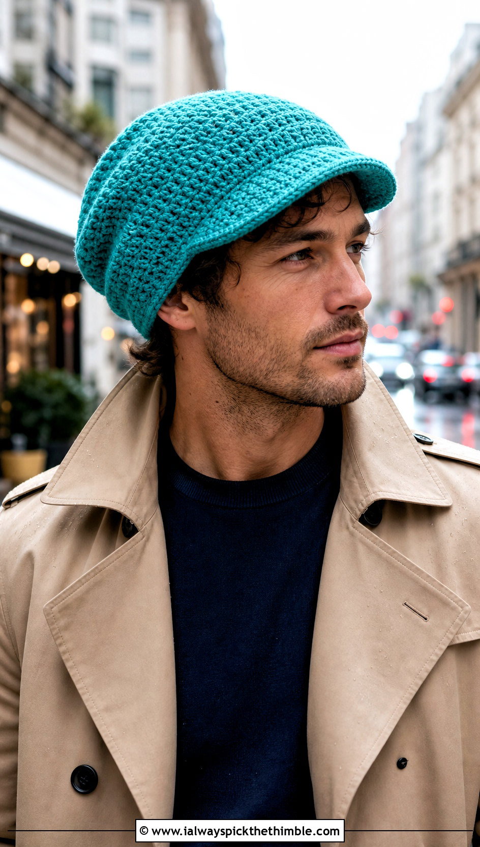 Brimmed Crochet Slouchy Beanie With Trench Coat - 25 Crochet Slouchy Hat Mens Slouch Beanie outfit ideas