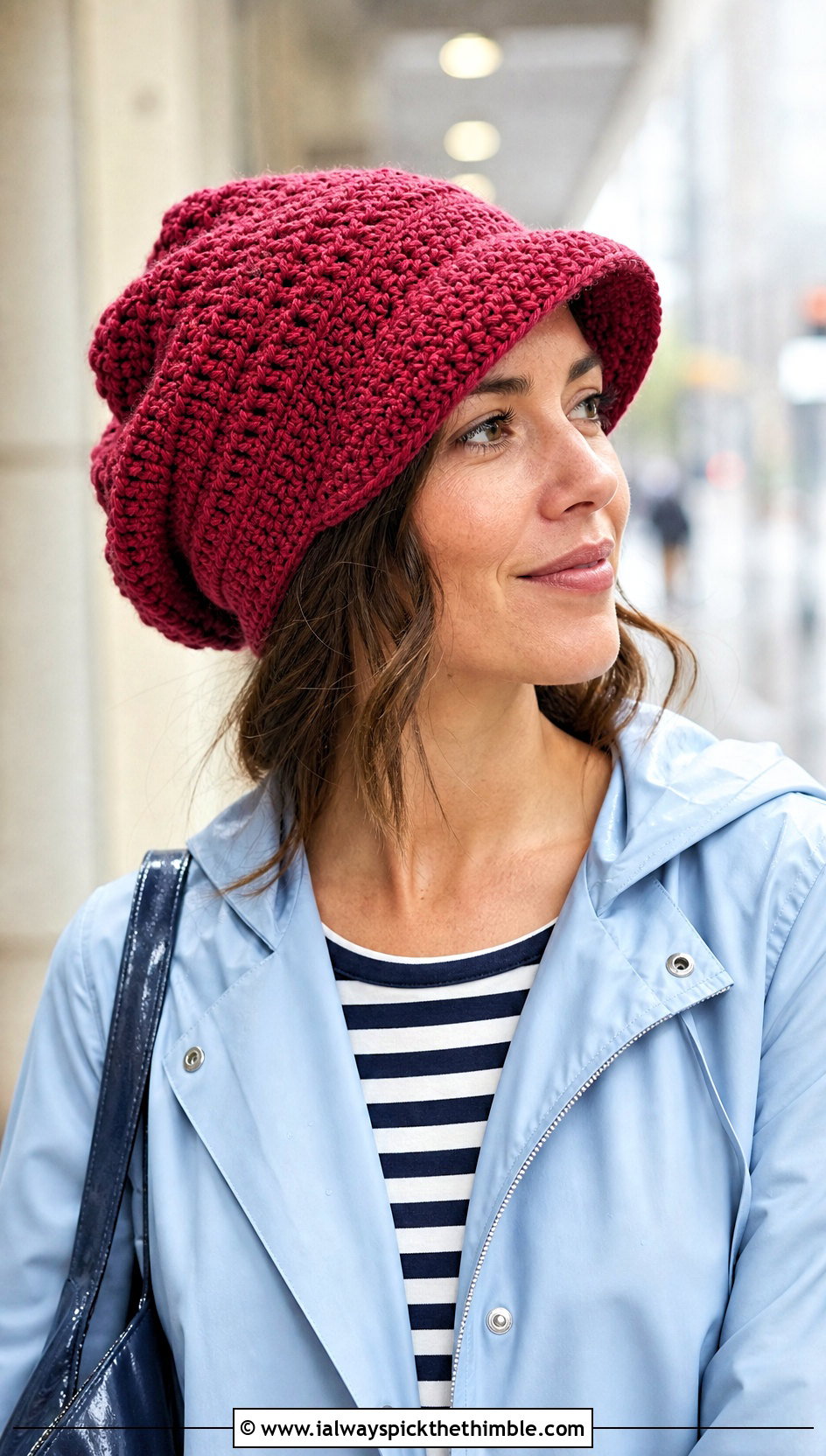 Brimmed Crochet Slouchy Hat With Raincoat And Cropped Pants - 25 crochet slouchy hat outfit ideas