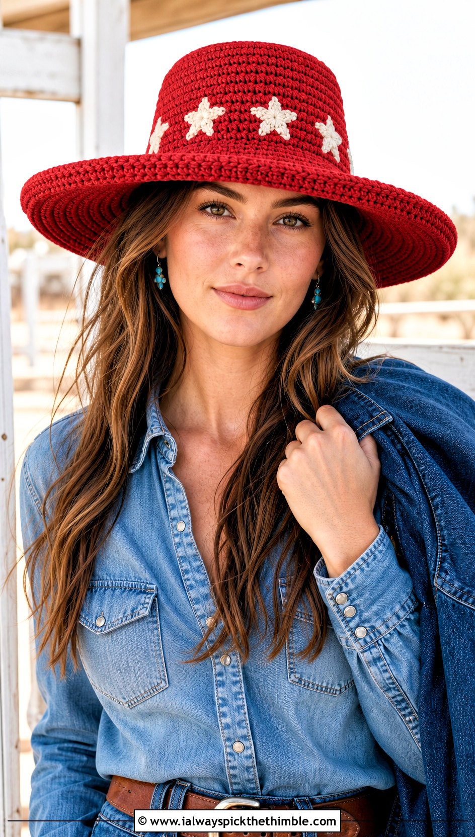 Brimmed Crochet Star Hat With Western Denim - 20 crochet star hat outfit ideas