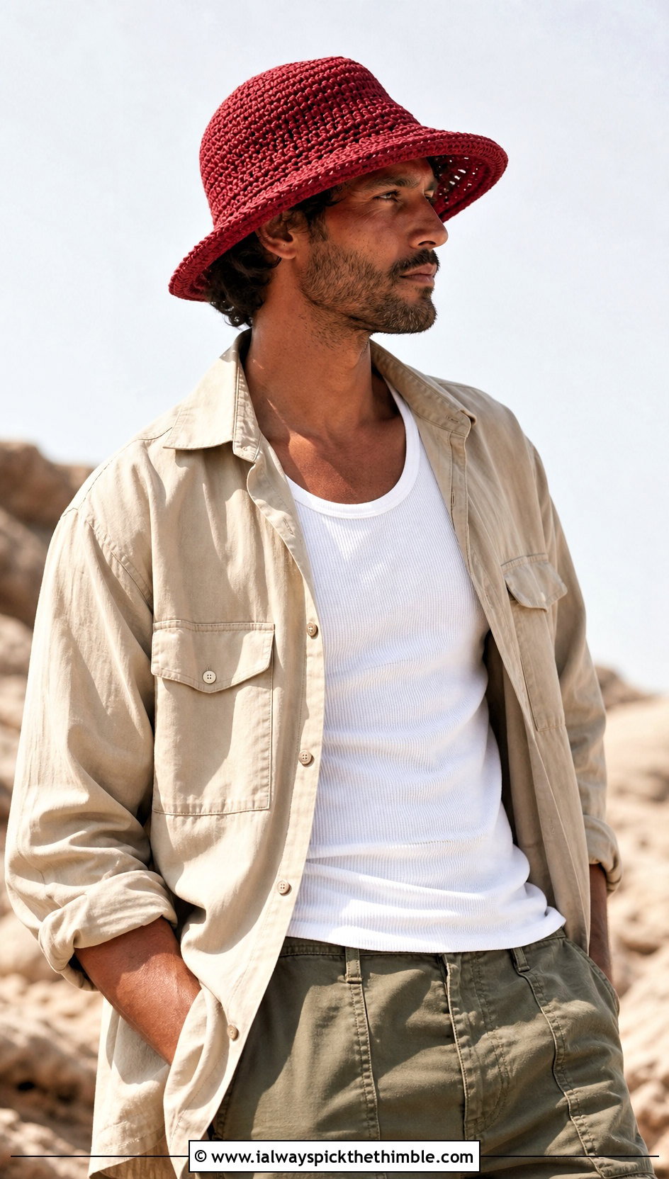 Brimmed Crochet Sun Hat With Utility Outfit - 15 Crochet Men's Hats outfit ideas