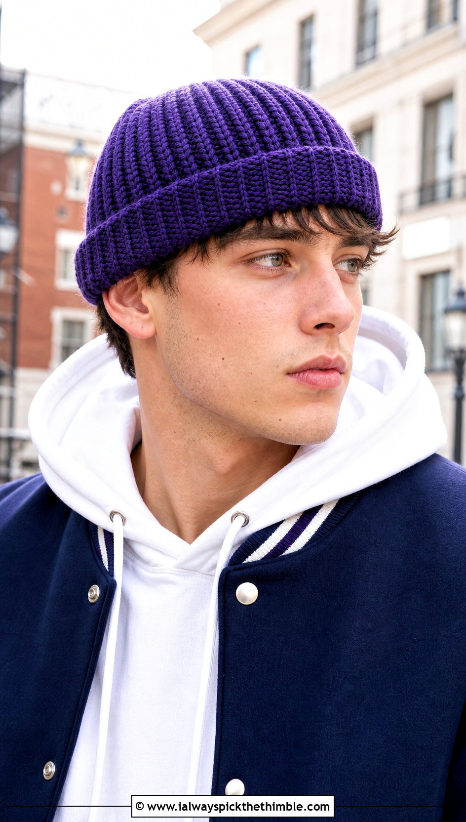 Brimmed Crochet Watch Cap With Varsity Jacket - 20 Crochet Mens Winter Hat outfit ideas