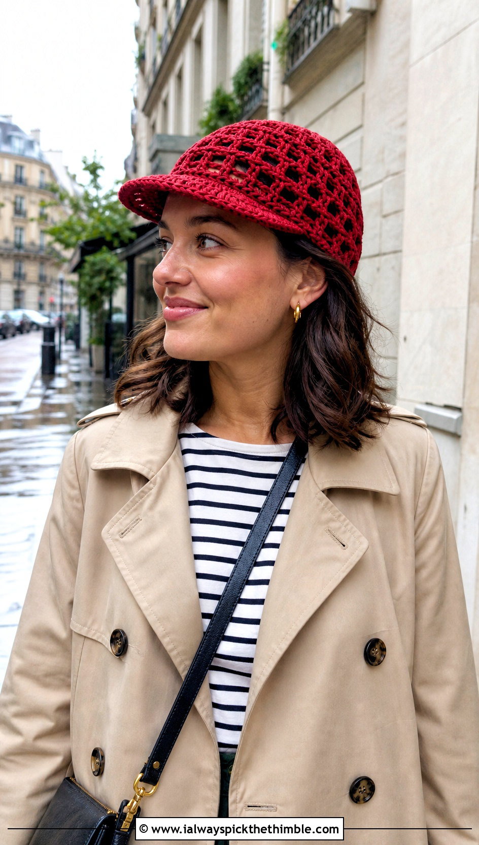 Brimmed Granny Stitch Cap With Trench Coat - 20 granny stitch crochet hat outfit ideas