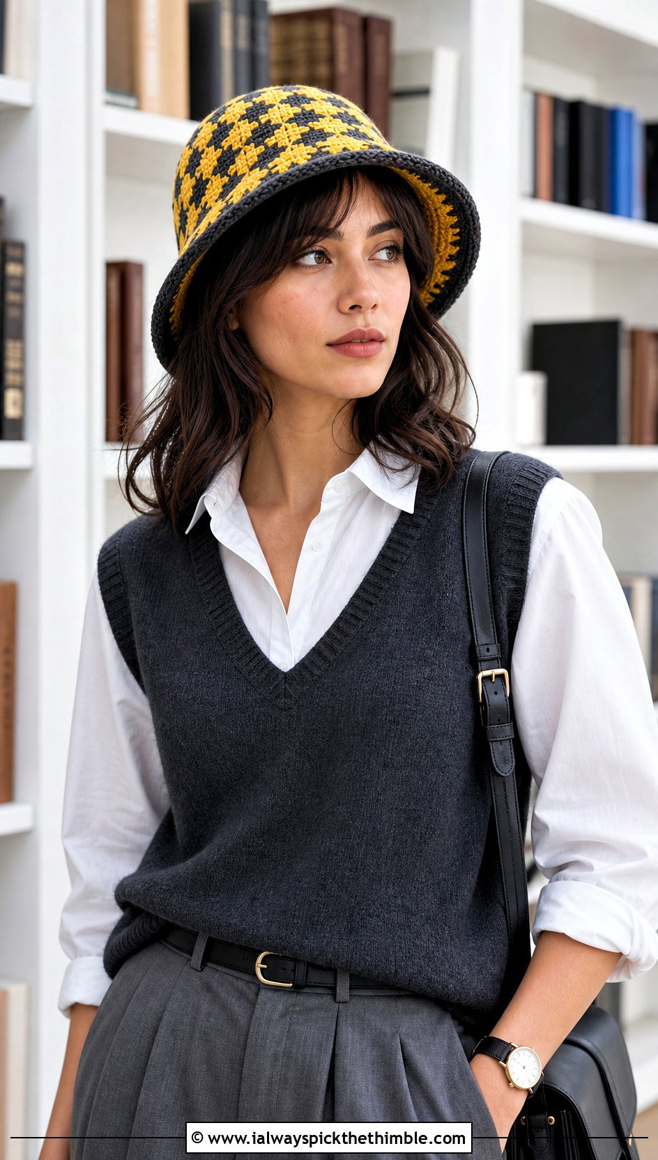 Brimmed Houndstooth Crochet Hat With Sweater Vest - 15 houndstooth crochet hat outfit ideas