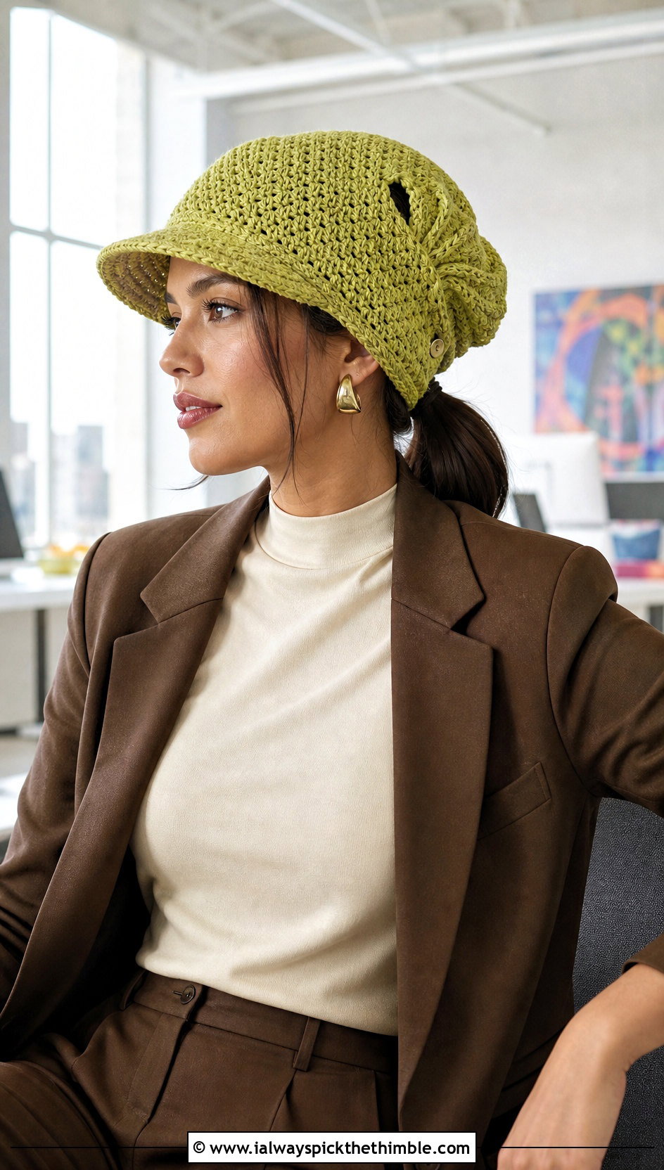 Brimmed Keyhole Messy Bun Crochet Hat With Relaxed Suit - 25 crochet messy bun hat outfit ideas