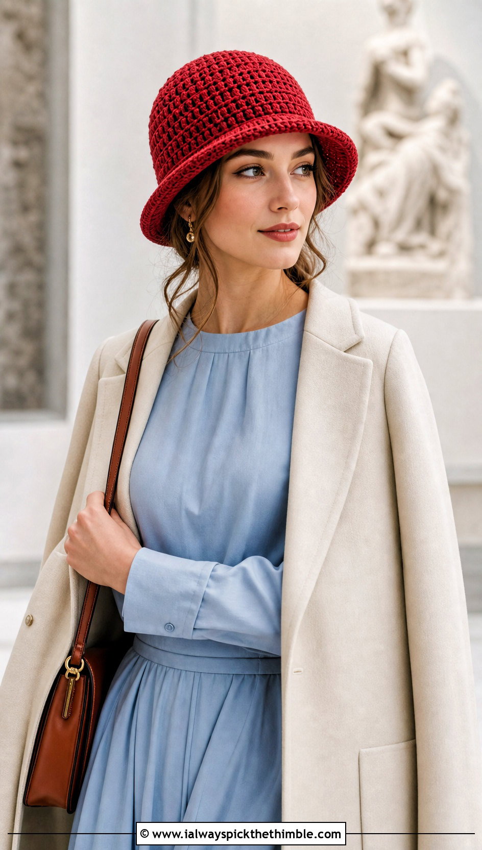 Brimmed Knit Look Crochet Cloche With Midi Dress - 20 Knit Look Crochet Hat outfit ideas