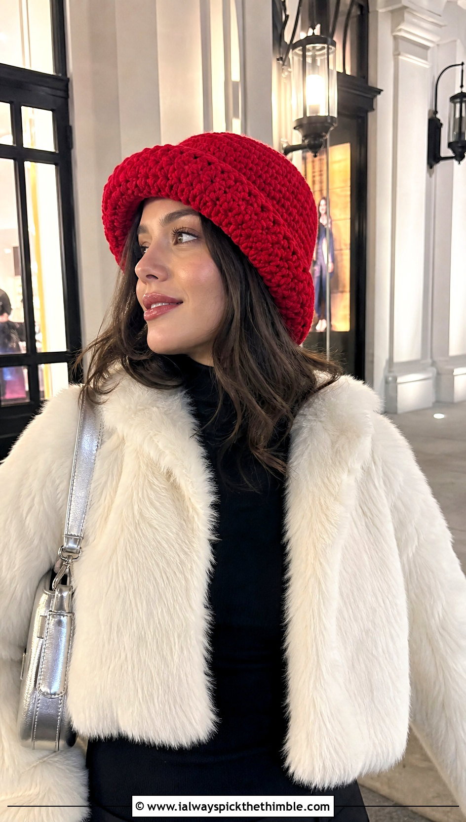 Brimmed Magic Circle Crochet Beanie With Faux Fur Coat - 20 Crochet Beanie Magic Circle outfit ideas