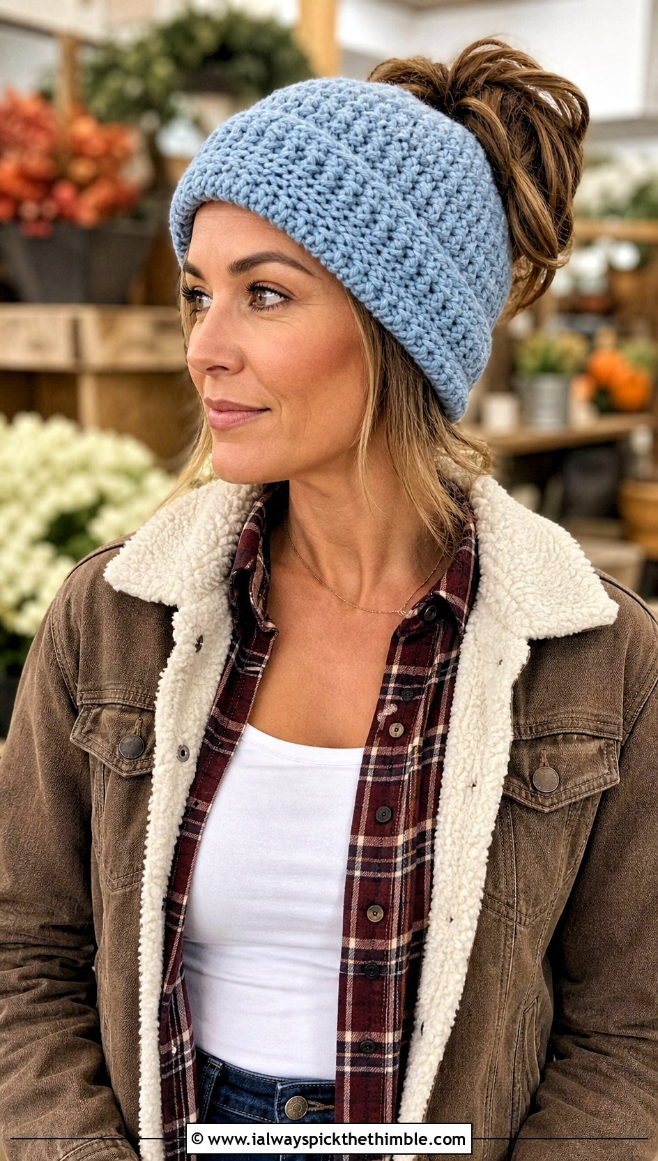 Brimmed Messy Bun Crochet Beanie With Plaid Shirt - 20 easy messy bun crochet beanie outfit ideas